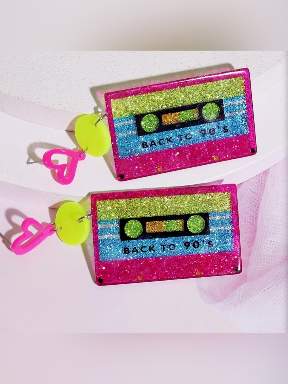 ❤️ Retro Glitter Cassette Tape Long Dangle Earrings Neon Pink Rave Festival Wear